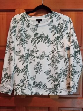 Talbots White Sweatshirt with Green Botanical & Butterfly Sketch Print